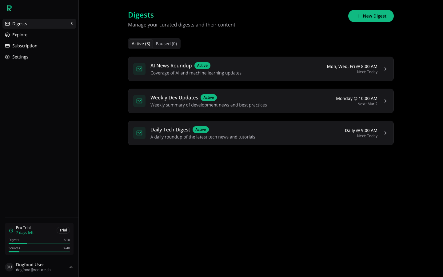 Reduce dashboard showing 3 active digests with status badges and delivery schedules